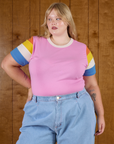 Juliet is 5'7" and wearing L Calypso Tee in Bubblegum Multi