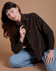 Alex is 5'8" and wearing P Cropped Corduroy Overshirt in Espresso Brown