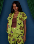 Kandia is 5'3" and wearing P Paintstamped Pantry Button-Up in Big Bug