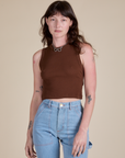 Alex is 5’8” and wearing P Muscle Tee in Fudgesicle Brown
