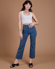 Alex is 5'8" and wearing XXS Organic Work Pants in French Blue