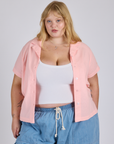 Juliet is 5’7” and wearing L Pantry Button-Up in Baby Pink