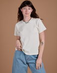 Alex is 5'8" and wearing P Burly Tee in Vintage Tee White