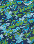 ngel Print Jumpsuit fabric detail close up. Blue and green angles with text Love