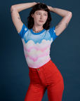 Airbrush Cloud Baby Tee on Alex tucked into mustang red Work Pants