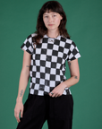 Alex is 5'8" and wearing P Checker Organic Tee in Black