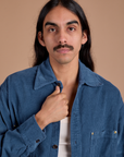 Cropped Corduroy Overshirt in French Blue close up on Anthony