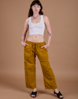 Drop Pocket Cargo Pants in Spicy Mustard and Cropped Tank in Vintage Tee White on Alex