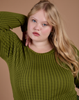 Gingham Long Sleeve Baby Tee in Summer Olive front close up on Juliet
