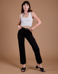 Organic Work Pants in Basic Black and vintage tee white Cropped Tank on Alex