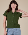 Alex is 5’8” and wearing P Pantry Button-Up in Evergreen