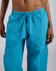 Drop Pocket Cargo Pants in Hawaiian Blue close up on Kira