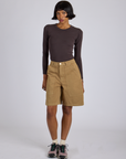 Longline Work Shorts in Desert Brown and espresso brown Long Sleeve Baby Tee on Kira