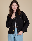 Alex is 5'8" and wearing P Work Jacket in Basic Black