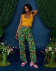 Work Pants in Pond Party and mustard yellow Cropped Tank on Kandia