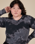 Long Sleeve Baby Tee in Black Magic Waters front close up on Ashley