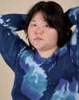 Long Sleeve Baby Tee in Blue Magic Waters front close up on Ashley