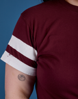 Painted Vintage Tee in Red Wine sleeve close up with two painted white stripes