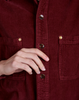 Front close up of Cropped Corduroy Overshirt in Red Wineon Alex