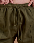 Drop Pocket Cargo Pants in Surplus Green close up of cotton drawstring and elastic waistband