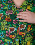 Pond Party Pantry Button-Up front close up featuring baby blue buttons