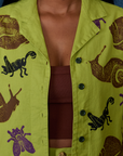 Paintstamped Pantry Button-Up in Big Bug front close up on Kandia