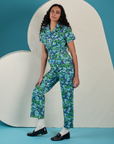 Angled front view of Angel Print Jumpsuit on Shahana