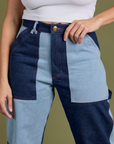 Front close up of Mismatched Denim Carpenter Jeans on Tiara