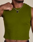 Close up of Muscle Tee in Summer Olive on Isaac