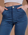 Organic Work Pants in French Blue front close up on Alex