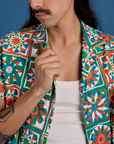 Quilt Print Pantry Button-Up front close up on Anthony