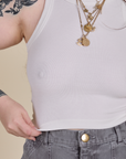 Racerback Tank in Vintage Tee White close up on Sydney