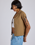Pantry Button-Up in Desert Brown side view on Kira