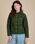 Alex is 5'8" and wearing P Denim Work Jacket in Evergreen