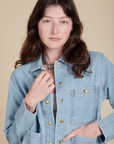Indigo Denim Work Jacket in Light Wash close up on Alex
