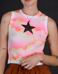 Close up of the Black Star Airbrush Muscle Tee on Alex