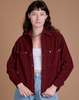 Cropped Corduroy Overshirt in Red Wine worn by Alex