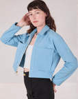 Mechanic Jacket in Baby Blue side view on Alex