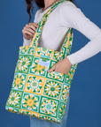 Spring Quilt Printed Everyday Tote worn over shoulder of model