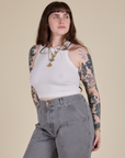 Racerback Tank in Vintage Tee White angled front view on Sydney