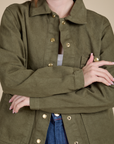 Denim Work Jacket in Surplus Green front close up on Hana