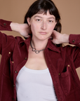 Cropped Corduroy Overshirt in Red Wine close up on Alex