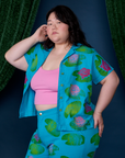 Angled front view of Paintstamped Pantry Button-Up in Lilypad on Ashley