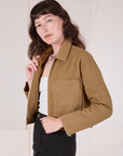 Mechanic Jacket in Desert Brown angled front view on Alex