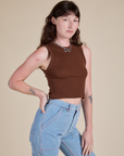 Angled front view of Muscle Tee in Fudgesicle Brown on Alex