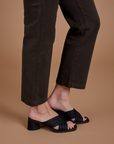 Side view Organic Work Pants in Espresso Brown pant leg close up on Alex