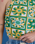 Deep-Cut Racerback Tank in Spring Quilt Print close up on Alex