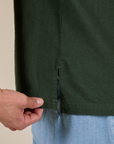 Close up side vent of Pantry Button-Up in Swamp Green on Anthony