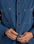 Front close up of Cropped Corduroy Overshirt in French Blue on Anthony