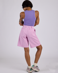 Back view of Longline Work Shorts in Lilac Purple and faded grape Cropped Tank
